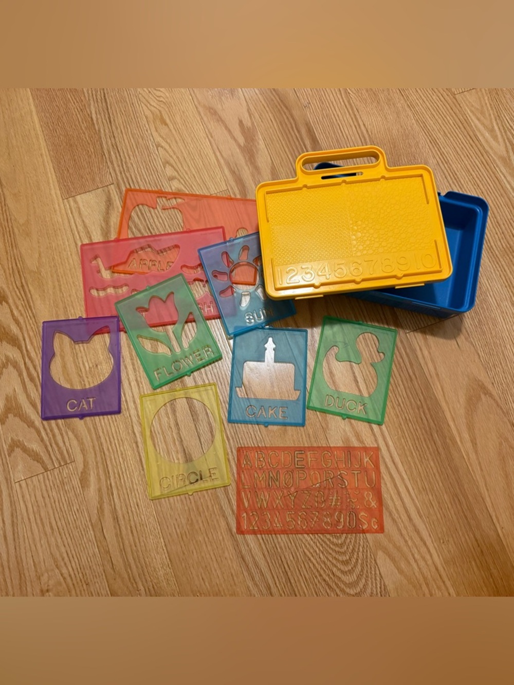 Tupperware Tuppertoys stencil art storage case and 9 stencils vintage